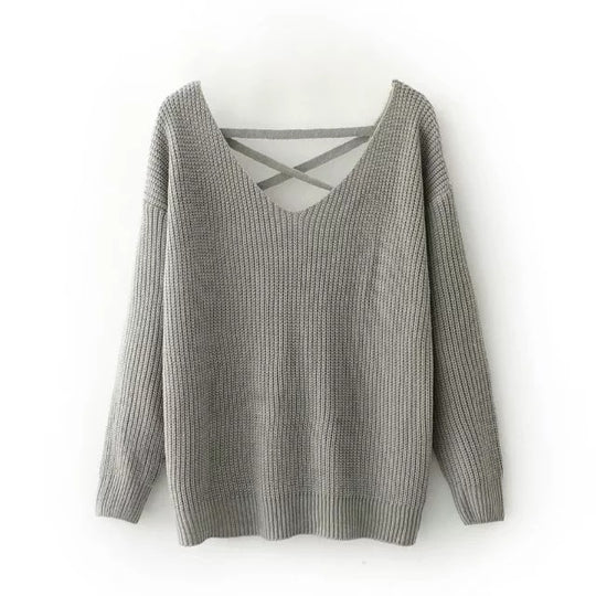 Damen Strickpullover mit tiefem V-Ausschnitt und dekorativem Rückendesign EB