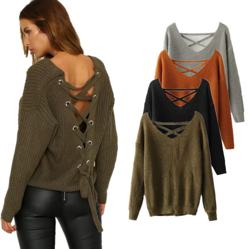 Damen Strickpullover mit tiefem V-Ausschnitt und dekorativem Rückendesign EB