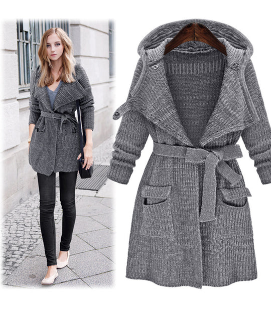 Damen Strickmantel mit Kapuze und Taillengürtel EB