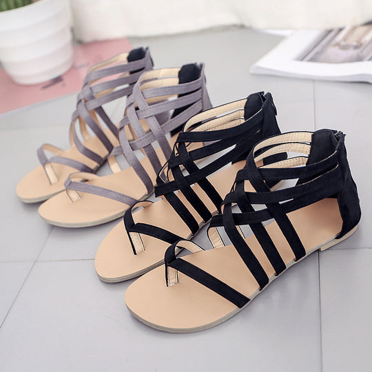 Damen nan flache Römersandalen mit mehrreihigen Knöchelriemen, Zehensteg und Reißverschluss-Fersenkappe EB