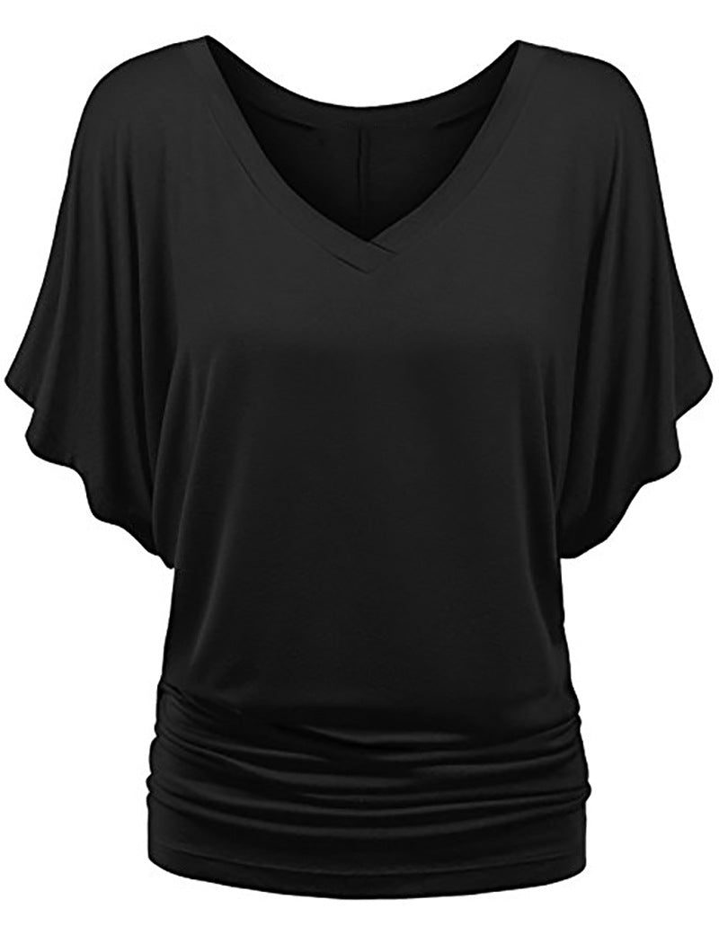 Damen lässiges V-Ausschnitt T-Shirt mit drapiertem Saum EB