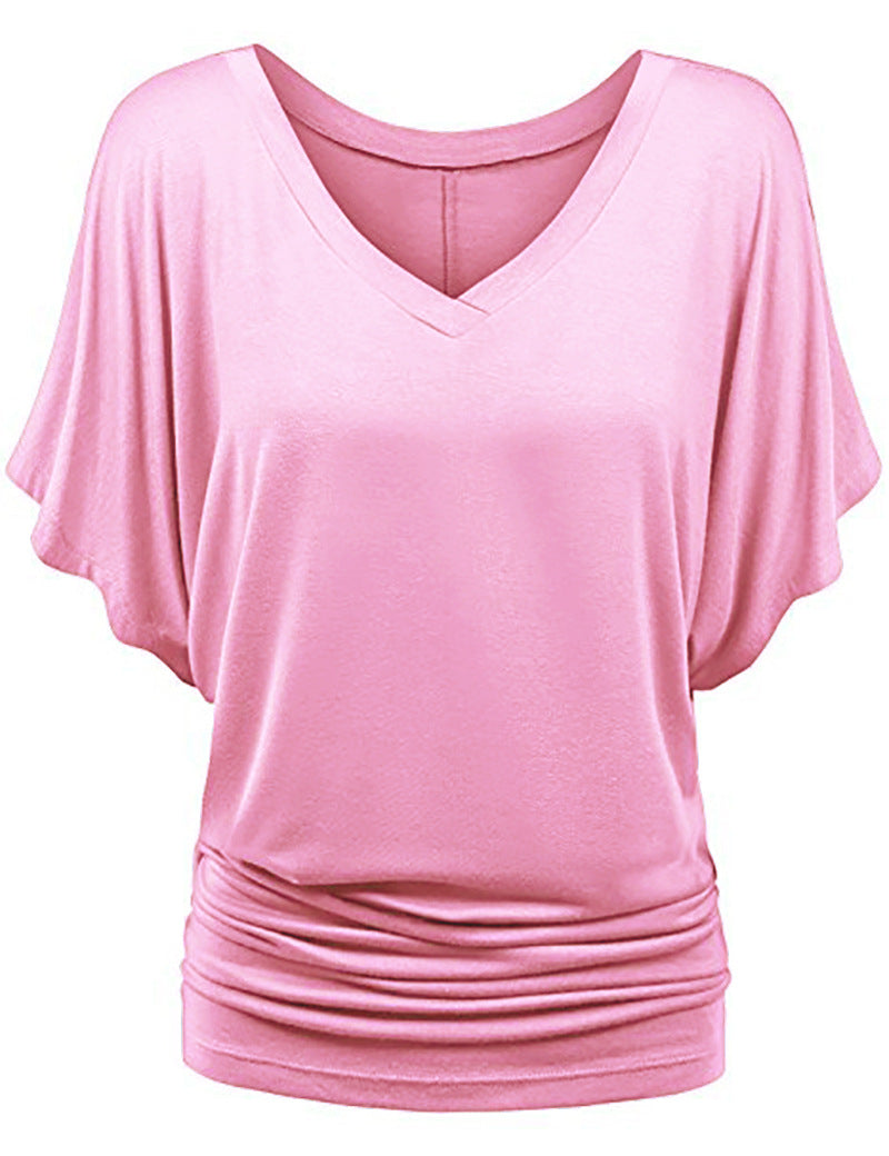 Damen lässiges V-Ausschnitt T-Shirt mit drapiertem Saum EB