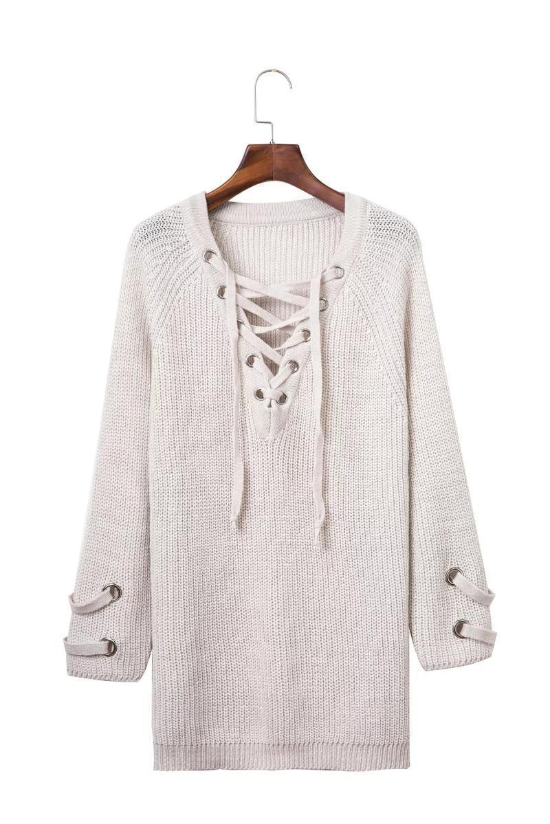 Damen Strickpullover mit dekorativem Schnürdesign und komfortablem Schnitt EB