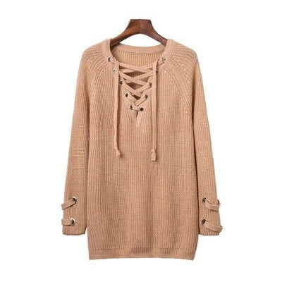 Damen Strickpullover mit dekorativem Schnürdesign und komfortablem Schnitt EB