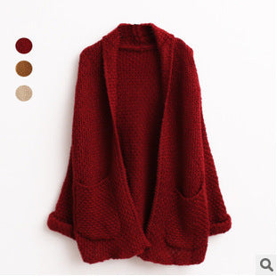 Damen grober Strick-Cardigan mit offenen Ärmeln und praktischen Taschen EB
