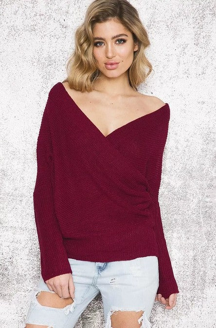 Damen Off-Shoulder Strickpullover mit Wickeldetail EB