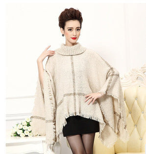 Damen Strickponcho mit hohem Kragen und trendigem Fransen-Design EB