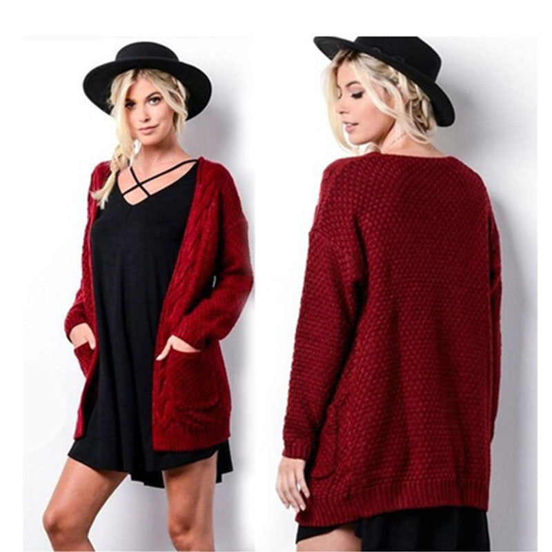 Damen gemütlicher Strickcardigan mit offener Front und Taschen EB