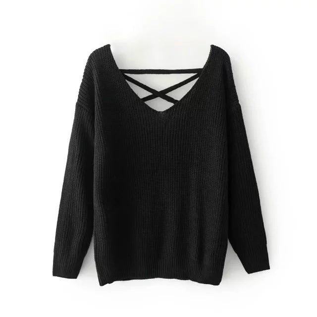 Damen Strickpullover mit tiefem V-Ausschnitt und dekorativem Rückendesign EB