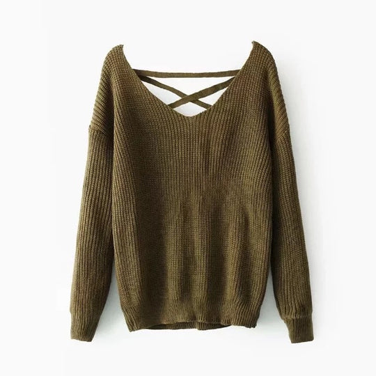 Damen Strickpullover mit tiefem V-Ausschnitt und dekorativem Rückendesign EB
