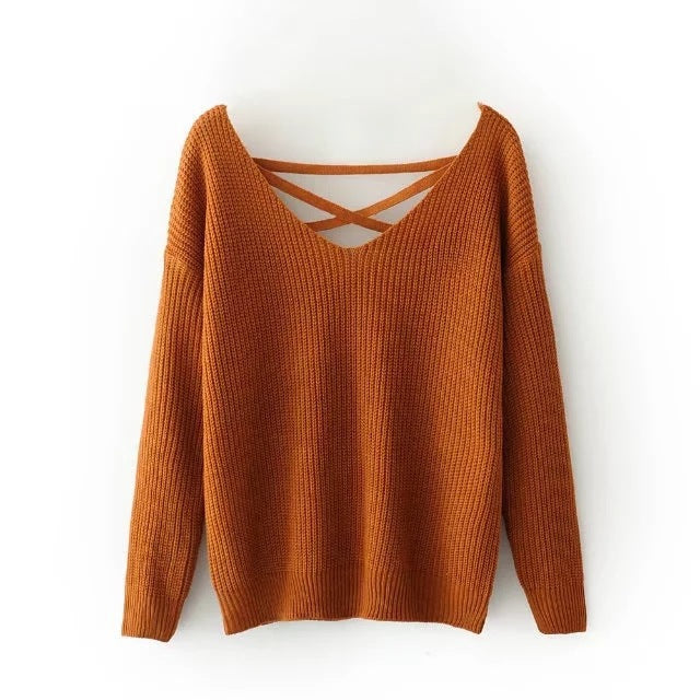 Damen Strickpullover mit tiefem V-Ausschnitt und dekorativem Rückendesign EB