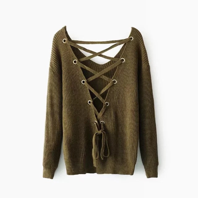 Damen Strickpullover mit tiefem V-Ausschnitt und dekorativem Rückendesign EB