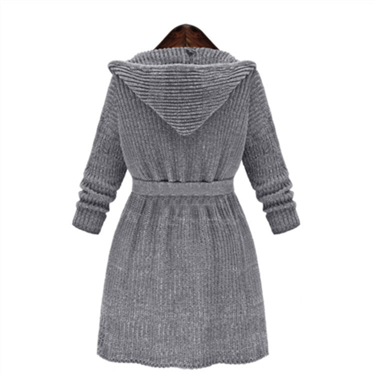 Damen Strickmantel mit Kapuze und Taillengürtel EB