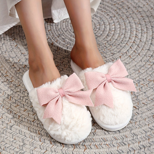 Weiß Flauschige Slipper Mit Rosa Schleife EB