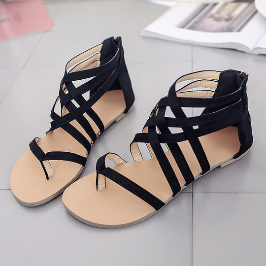 Damen nan flache Römersandalen mit mehrreihigen Knöchelriemen, Zehensteg und Reißverschluss-Fersenkappe EB