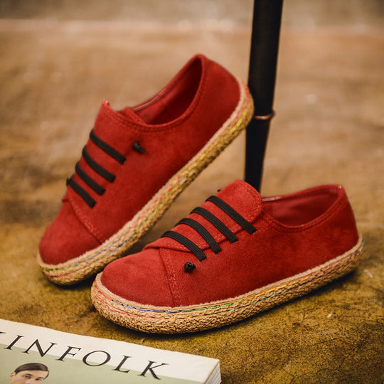 Damen nan niedriger Sneaker-Espadrille mit Veloursleder-Optik, elastischen Schnürbändern und geflochtener Jute-Sohle EB