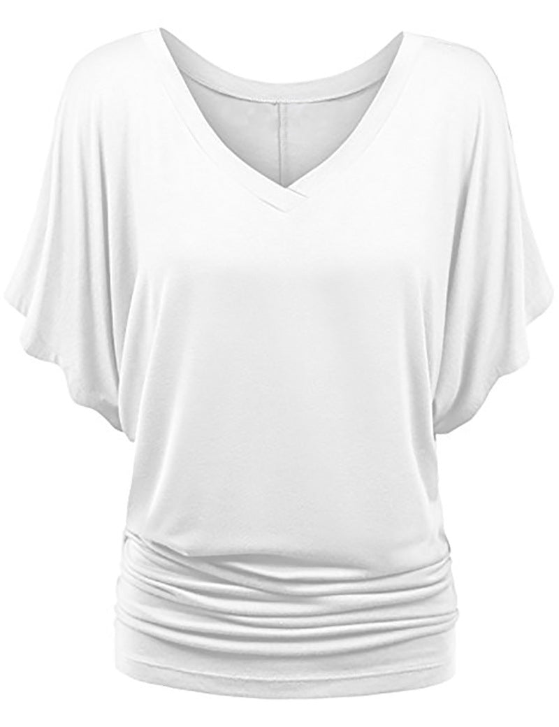 Damen lässiges V-Ausschnitt T-Shirt mit drapiertem Saum EB