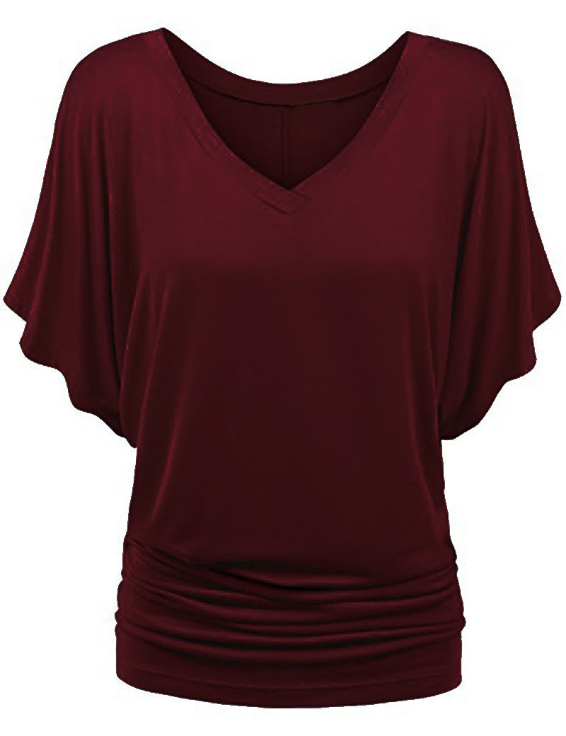 Damen lässiges V-Ausschnitt T-Shirt mit drapiertem Saum EB