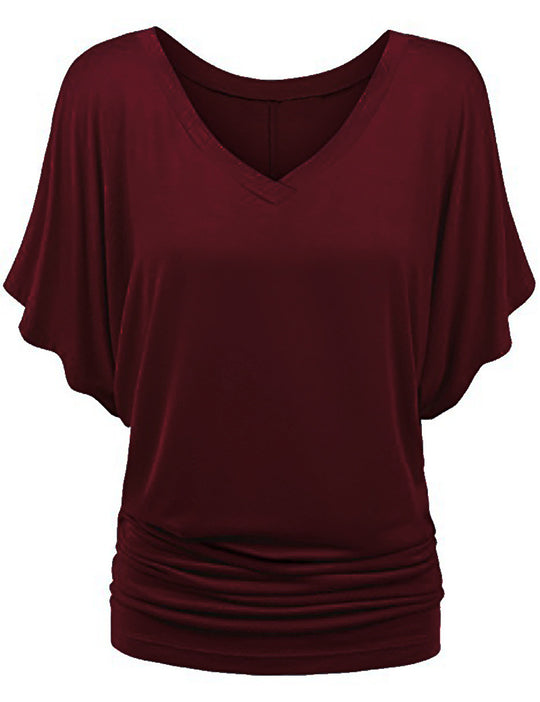Damen lässiges V-Ausschnitt T-Shirt mit drapiertem Saum EB