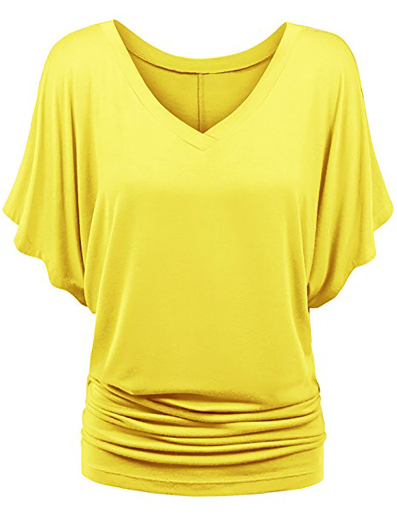 Damen lässiges V-Ausschnitt T-Shirt mit drapiertem Saum EB