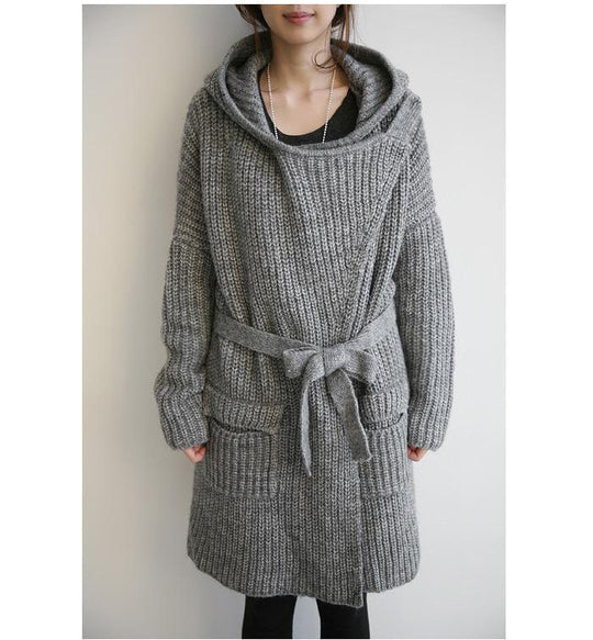 Damen Grobstrick-Longcardigan mit Kapuze und offenen Fronten EB