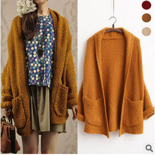 Damen grober Strick-Cardigan mit offenen Ärmeln und praktischen Taschen EB