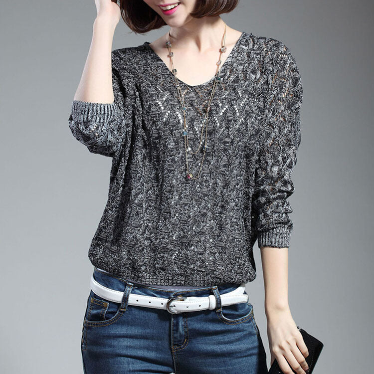 Damen Strickpullover mit V-Ausschnitt und luftiger Lochmusterung EB