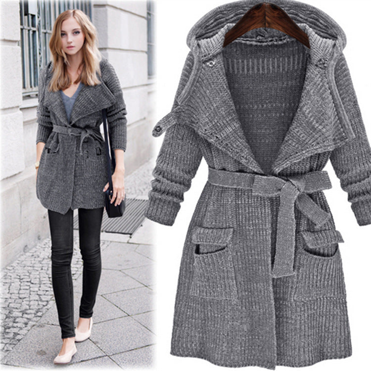 Damen Strickmantel mit Kapuze und Taillengürtel EB