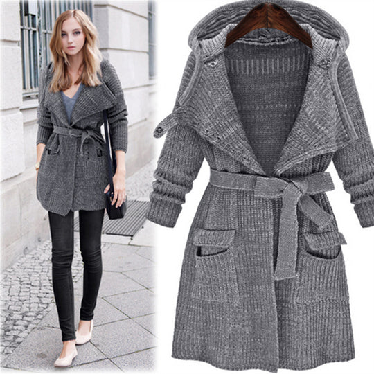 Damen Strickmantel mit Kapuze und Taillengürtel EB