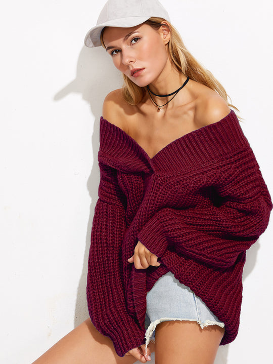 Damen Modischer Strickpullover mit tiefem V-Ausschnitt und Oversized-Schnitt EB