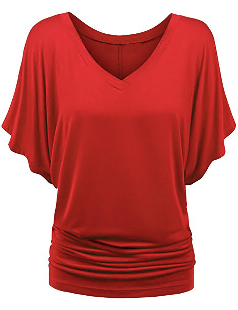 Damen lässiges V-Ausschnitt T-Shirt mit drapiertem Saum EB