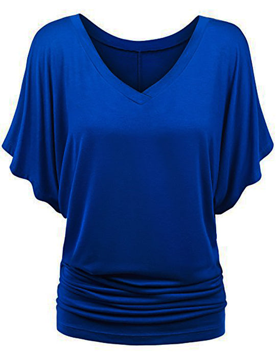 Damen lässiges V-Ausschnitt T-Shirt mit drapiertem Saum EB