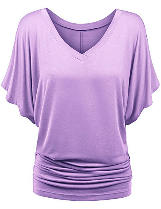 Damen lässiges V-Ausschnitt T-Shirt mit drapiertem Saum EB