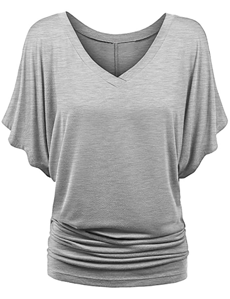 Damen lässiges V-Ausschnitt T-Shirt mit drapiertem Saum EB