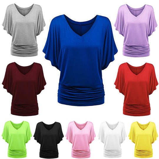 Damen lässiges V-Ausschnitt T-Shirt mit drapiertem Saum EB