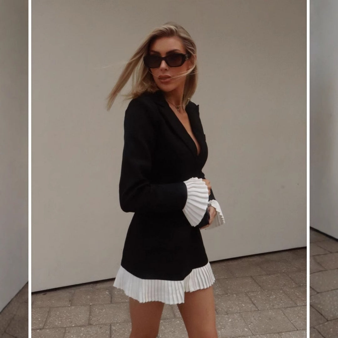 EB | Schwarz und weiß kontrastierenden Farben plissiert Rüsche Rand Anzug Kleid kurzen Rock