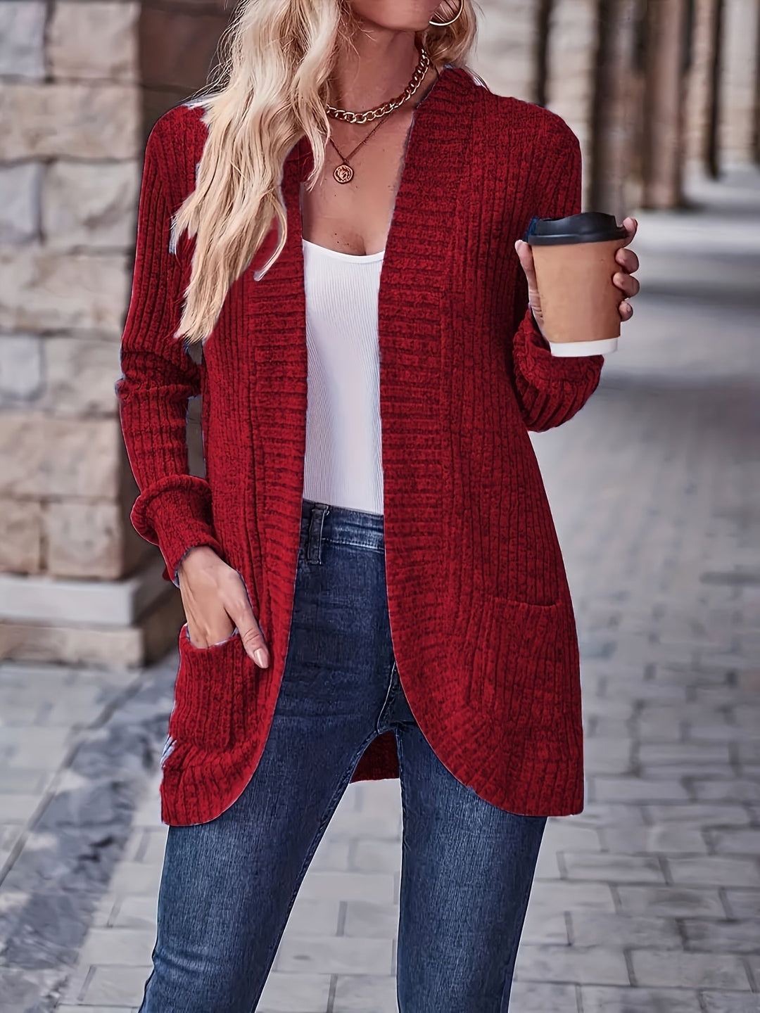 EB | Damen Freizeit Strickfleeceweste Mit Langen Ärmeln