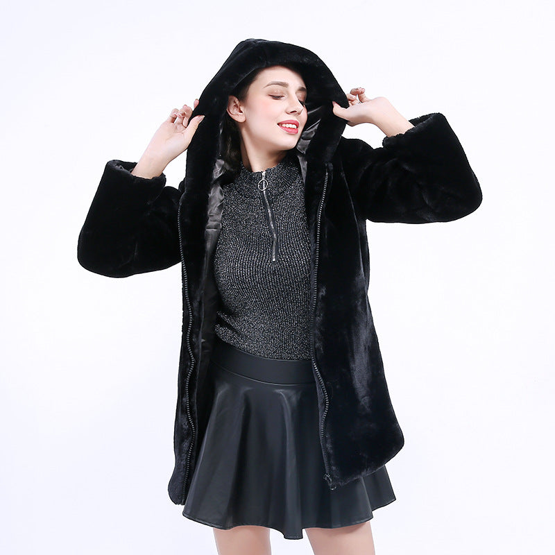 Damen Flauschige Kunstpelz-Jacke mit Stehkragen und Reißverschluss EB