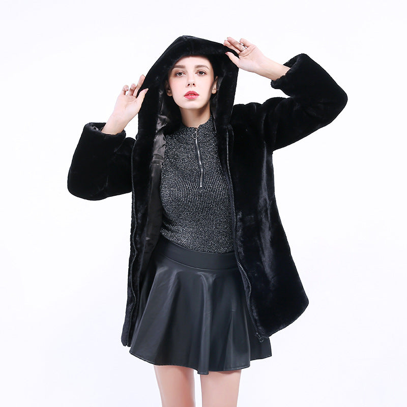 Damen Flauschige Kunstpelz-Jacke mit Stehkragen und Reißverschluss EB
