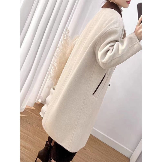 EB | Wollmischung Lange Jacke mit Braunem Kragen für Damen