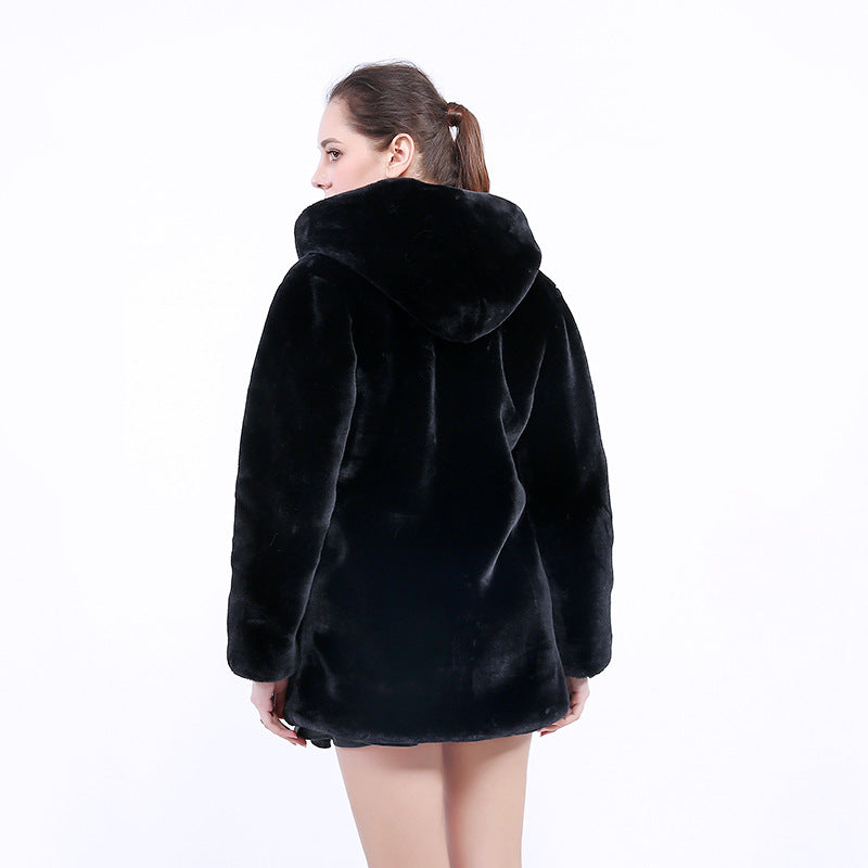 Damen Flauschige Kunstpelz-Jacke mit Stehkragen und Reißverschluss EB