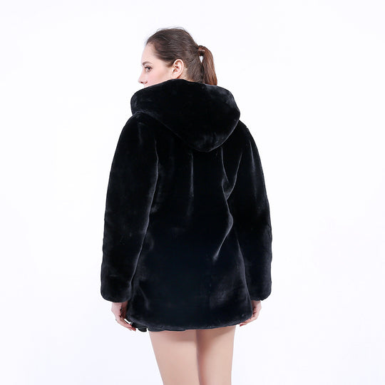 Damen Flauschige Kunstpelz-Jacke mit Stehkragen und Reißverschluss EB