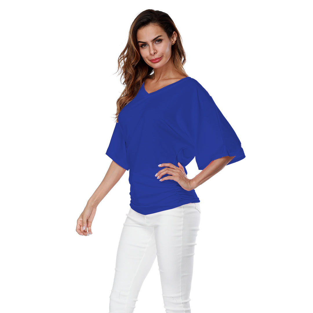 Damen lässiges V-Ausschnitt T-Shirt mit drapiertem Saum EB