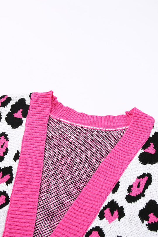 EB | Leopard-Kontrastbesatz Offene Vorderseite Langarmlange Strickjacke