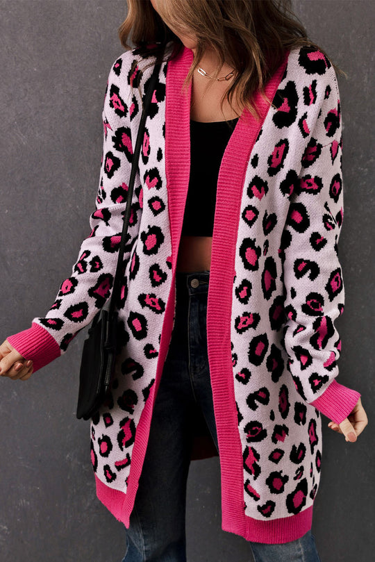 EB | Leopard-Kontrastbesatz Offene Vorderseite Langarmlange Strickjacke