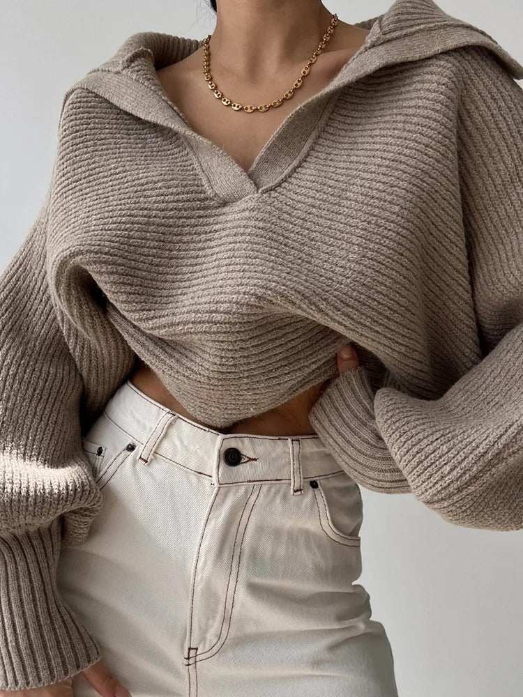 EB | Strickpullover mit Laternenärmeln und offenem Kragen
