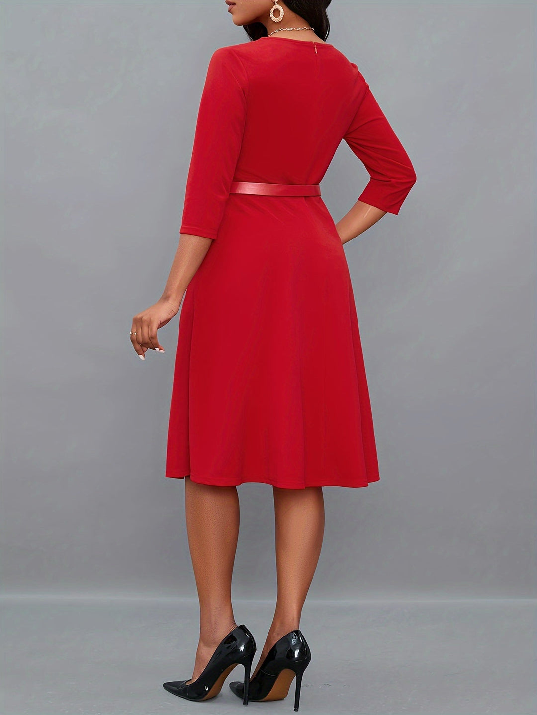 EB | Einfarbige Asymmetrische Halsgürtel 3/4 Ärmel Festliches Kleid Für Frauen - Ideal Für Alle Jahreszeiten