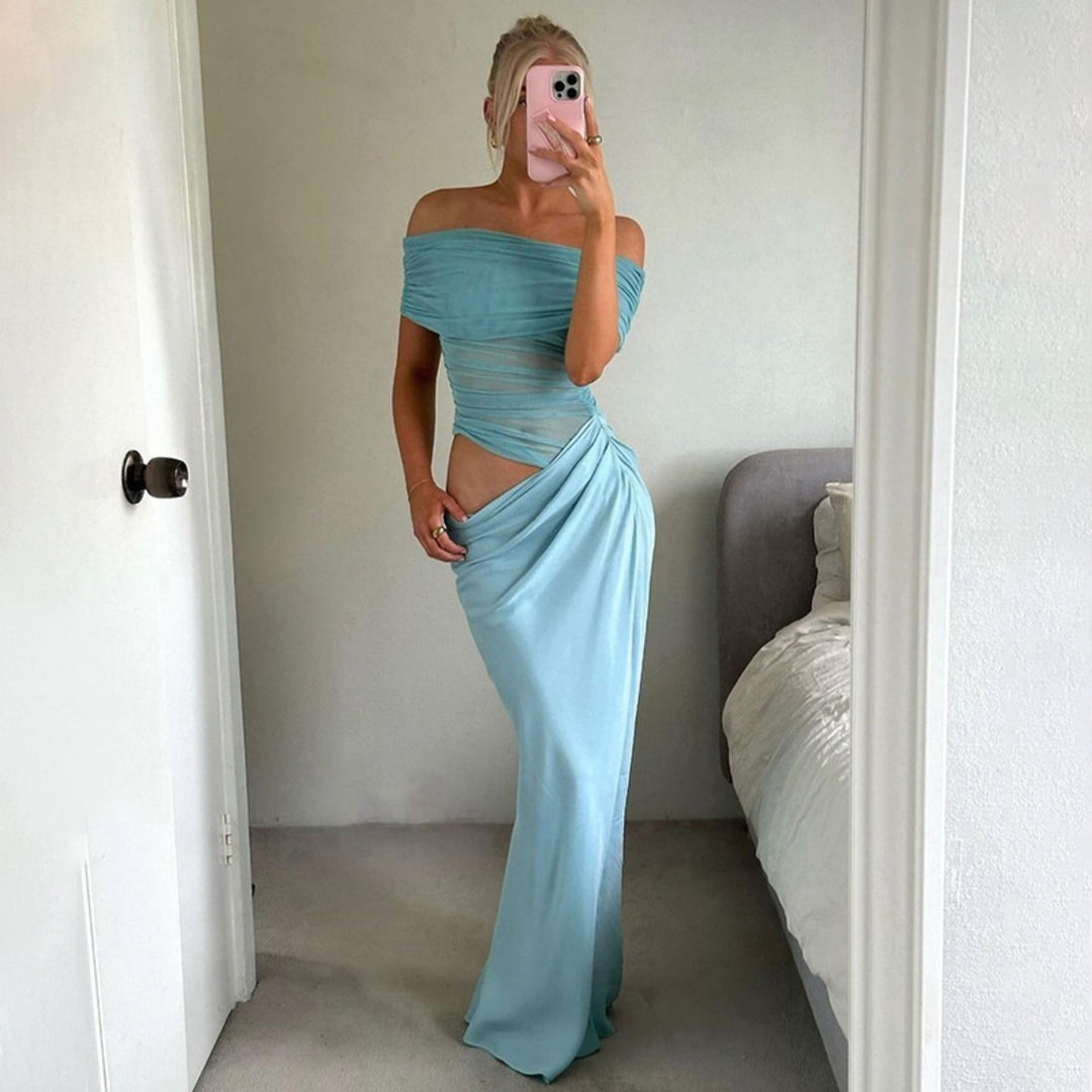 EB | Ein-Wort-Kragen-Plissee-Kleid aus Mesh mit diagonaler Spanne
