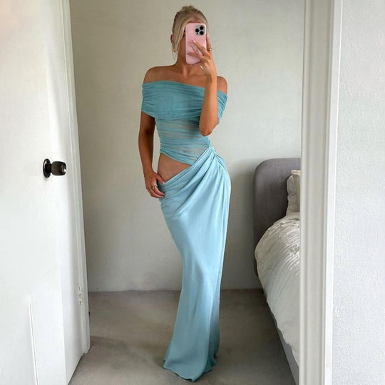 EB | Ein-Wort-Kragen-Plissee-Kleid aus Mesh mit diagonaler Spanne
