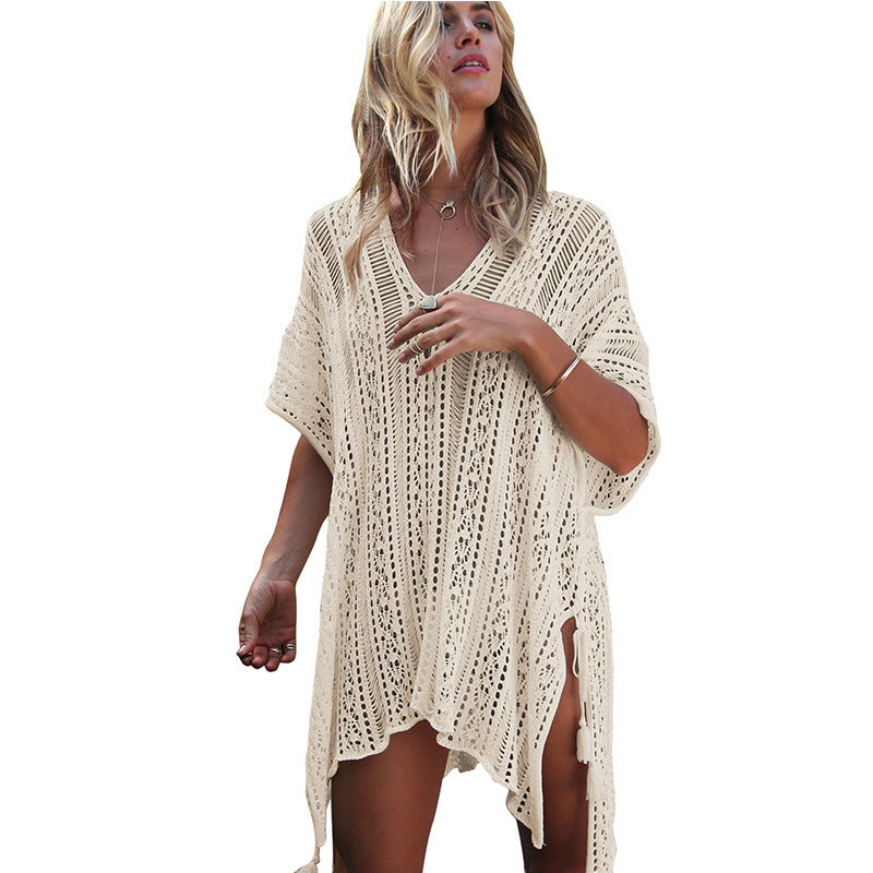 Damen lässiger Häkel-Kaftan mit stilvollem V-Ausschnitt EB